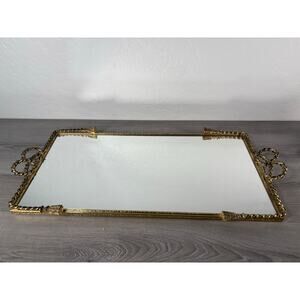 Vintage 1970s Mirrored Rectangular Tray W Ornate Brass Rope Ribbon Tassel Detail